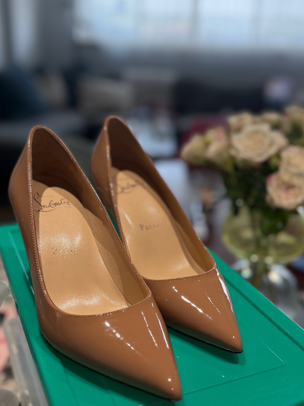 Christian Louboutin Tan Patent Pointed-Toe Pumps